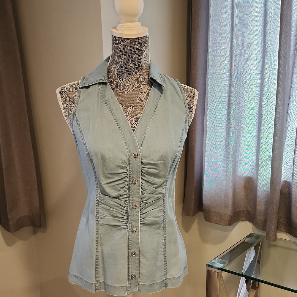 Michael Kors Denim Sleeveless Button-Up Top